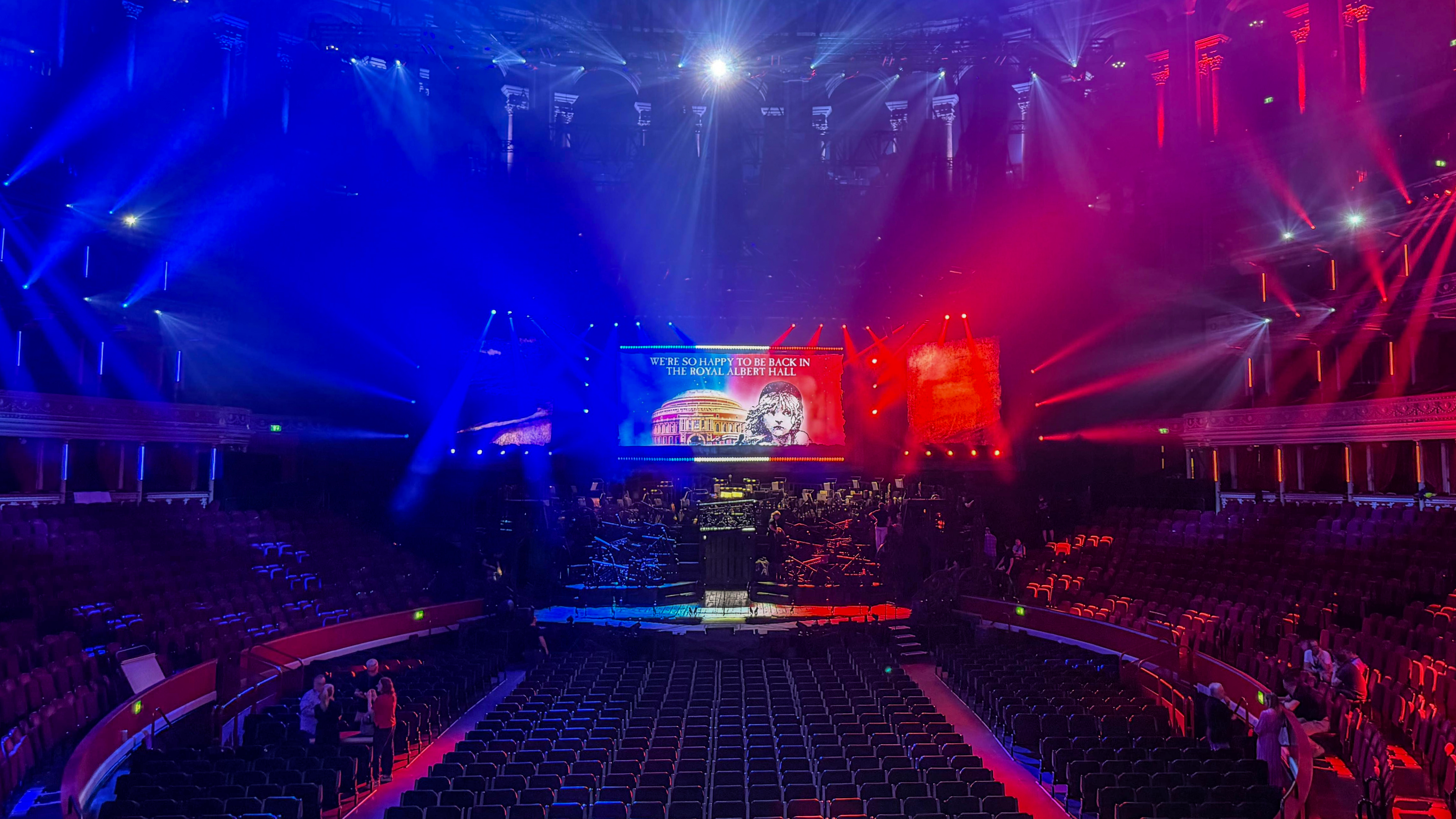 Lighting installation for Les Misérables: The Arena Spectacular at the Royal Albert Hall, showcasing the production's stage and lighting before the performance.
