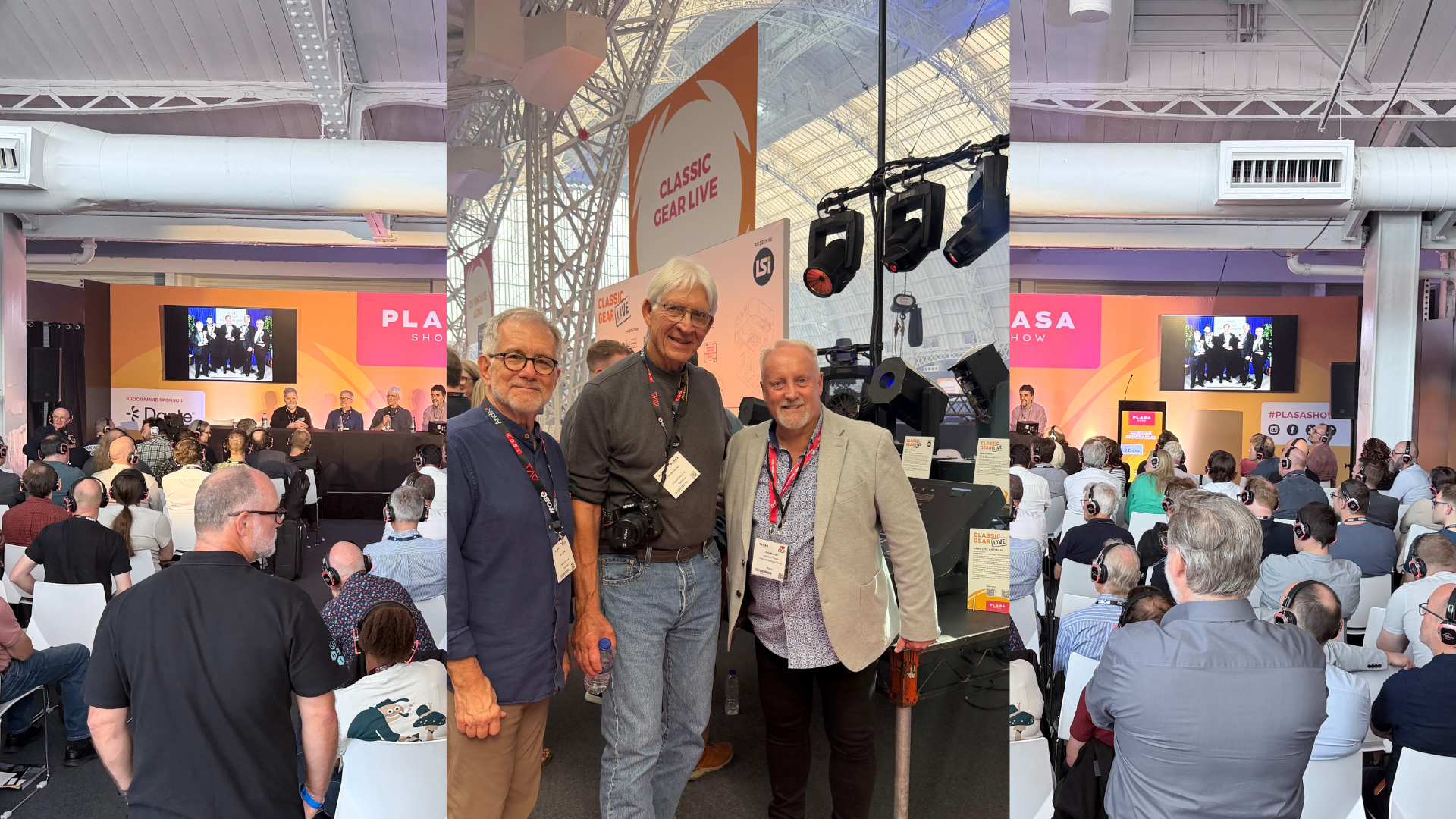 Peter Marshall with Vari Lite pioneers Jim Bornhorst and Tom Littrell at Plasa Show