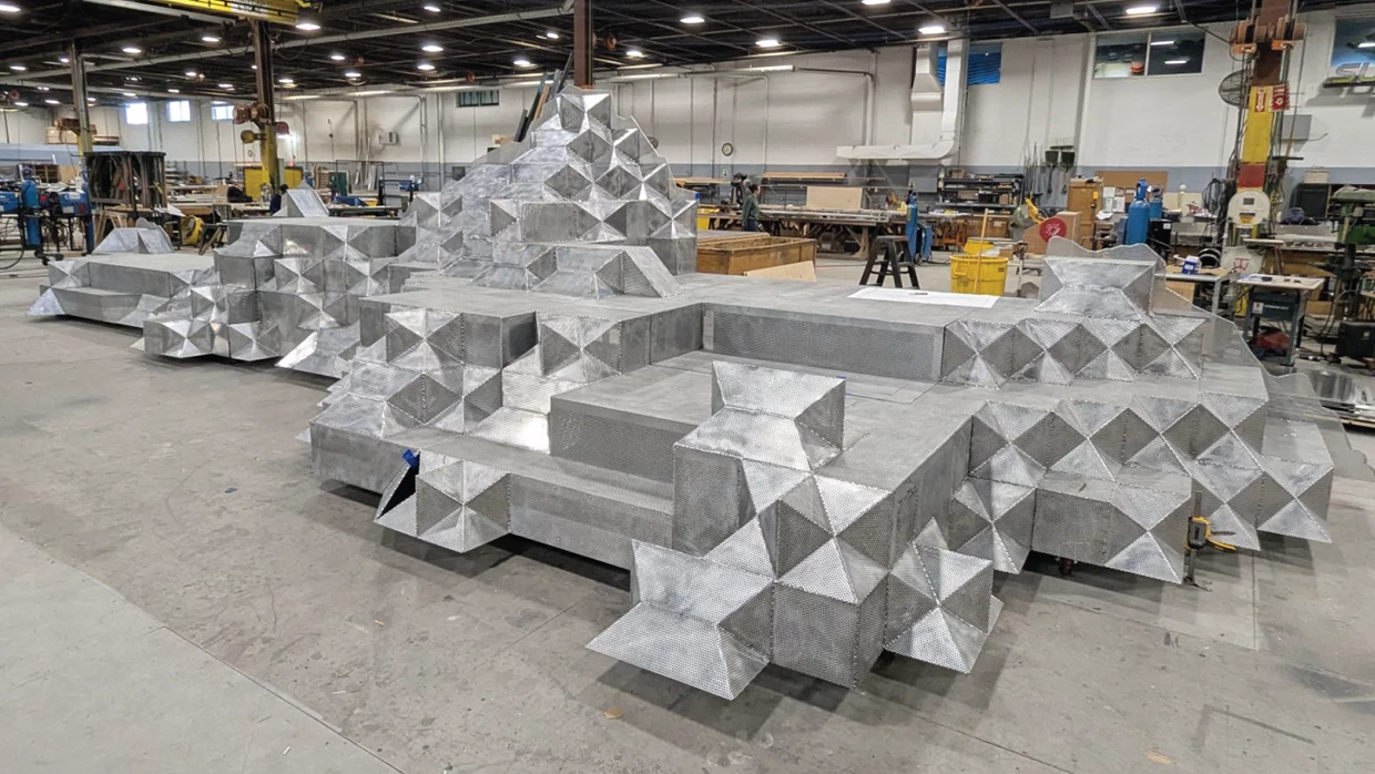 Post Malone's Big Ass Stadium Tour scenic build featured 500 meters of LED tape and 150 LED nodes integrated into the signs, as well as nearly 100 sheets of perforated metal with roughly 450,000 holes.